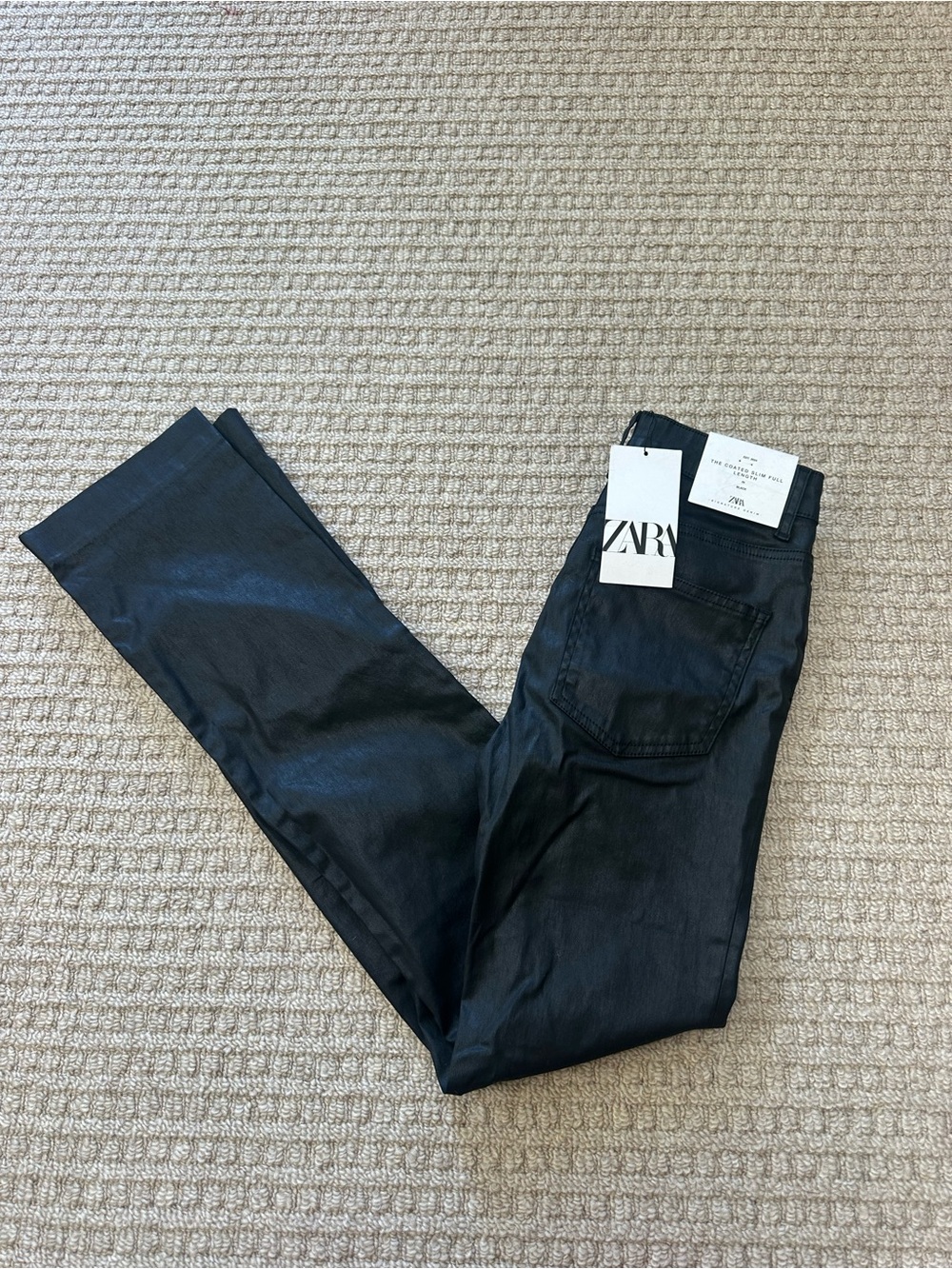 Zara NWT Black Mid Rise Straight Leg The Coated Slim Full Leg Pants Sz 0